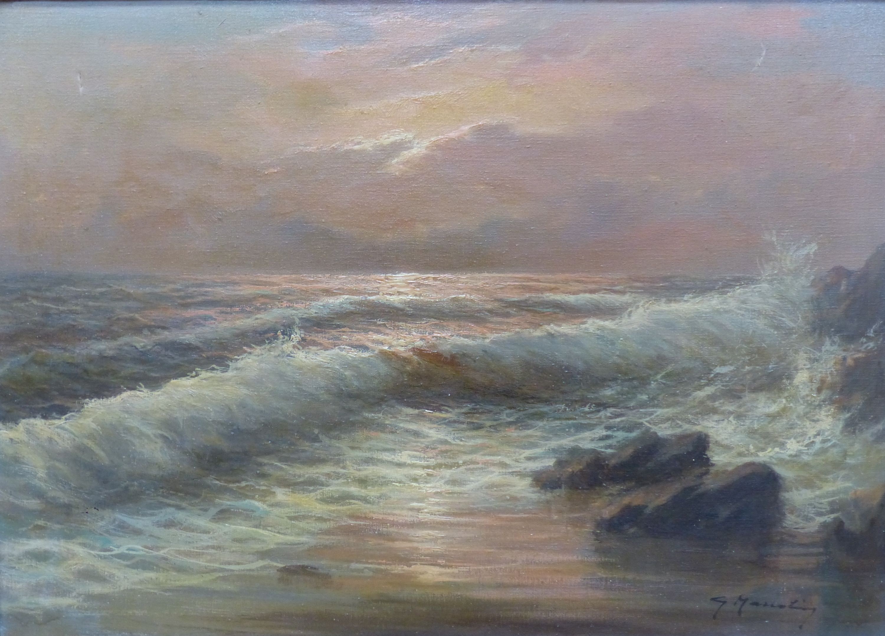 English School, oil on canvas, Waves breaking against the shore at sunset, indistinctly signed, 50 x 70cm